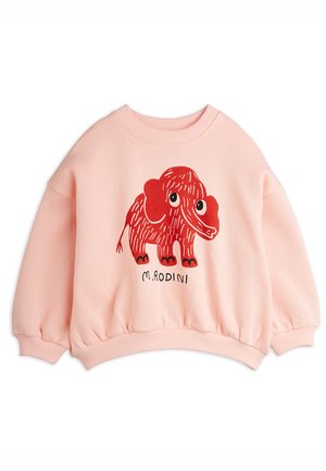 Sweatshirt rose pour enfants avec un éléphant en cartoon rouge et le texte "M. Rodini" à l'avant, présentant des poignets et un ourlet côtelés.
