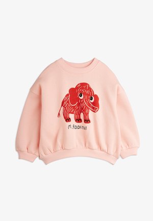 Sudadera rosa para niños con un elefante de dibujos animados rojo y el texto "M. Rodini" en el frente, con puños y dobladillo acanalados.