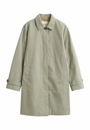 Manteau long à carreaux beige avec un seul bouton visible au niveau du col, deux poches avant et des poignets boutonnés.