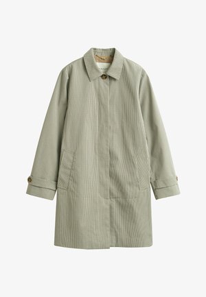 Beige geruit lange jas met een enkele zichtbare knoop bij de kraag, twee zakken aan de voorkant en met knopen afgewerkte manchetten.