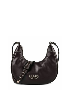 Petit sac à bandoulière en cuir marron foncé avec une forme incurvée, une sangle réglable et un logo "Liu Jo Milano" en or sur le devant.