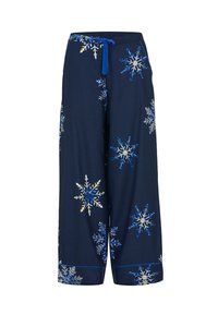 Pantalons larges bleu marine en tissu doux, ornés de motifs de flocons de neige colorés en blanc, bleu et jaune, avec une taille à nouer.