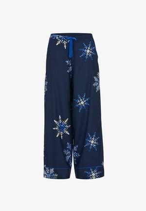 Navy wijde broek gemaakt van zachte stof, met kleurrijke sneeuwvlokpatronen in wit, blauw en geel, en een gestrikt middel.