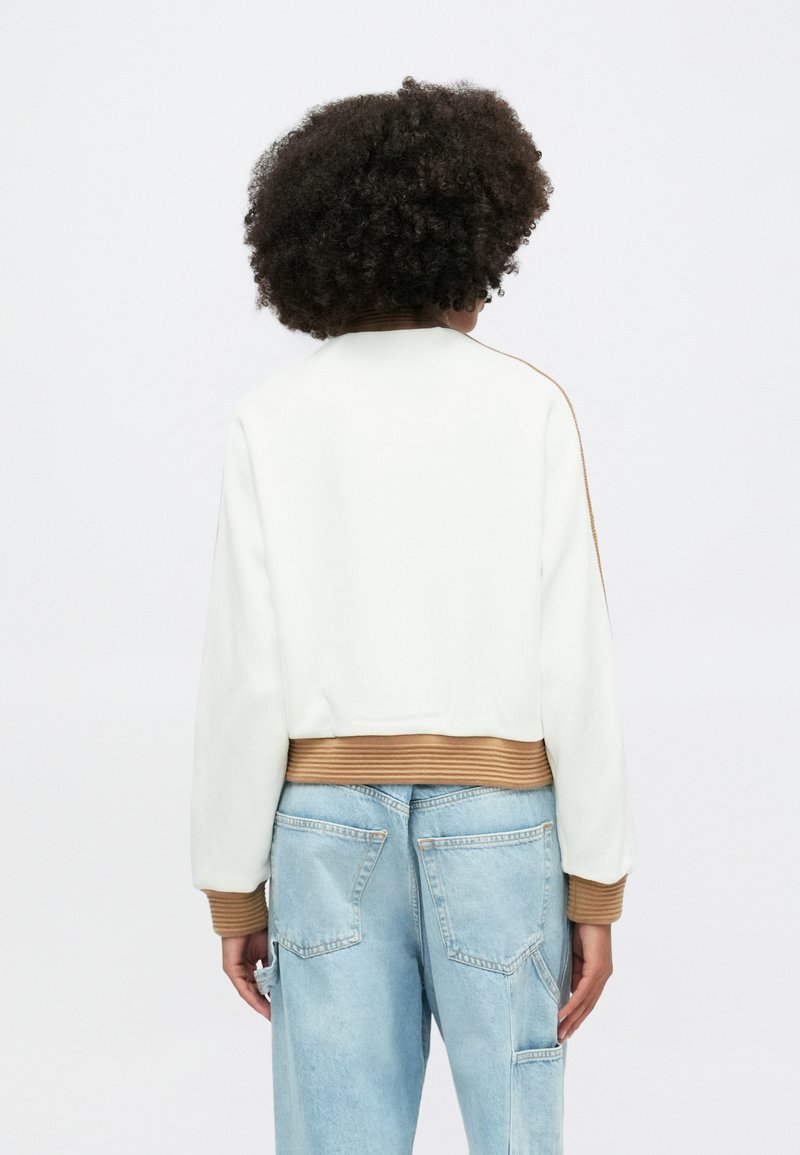 Sweatshirt blanc court avec des poignets et un ourlet en marron côtelé, présentant une coupe décontractée et une texture lisse, vu de dos.