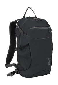 Sac à dos noir avec bretelles rembourrées, poches latérales en mesh, poche avant zippée et logo Jack Wolfskin sur la partie inférieure avant.