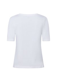 White short-sleeved T-shirt with a round neck, made of smooth cotton fabric, featuring clean lines and no visible logos or patterns.