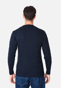 Maglione lavorato a maglia blu navy con un motivo a nido d'ape testurizzato, maniche lunghe e polsini e orlo a costine. Vestibilità casual, indossato con jeans blu.