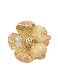 Gold-tone flower brooch adorned with varied yellow and clear crystals, featuring scalloped petals and a round crystal center.