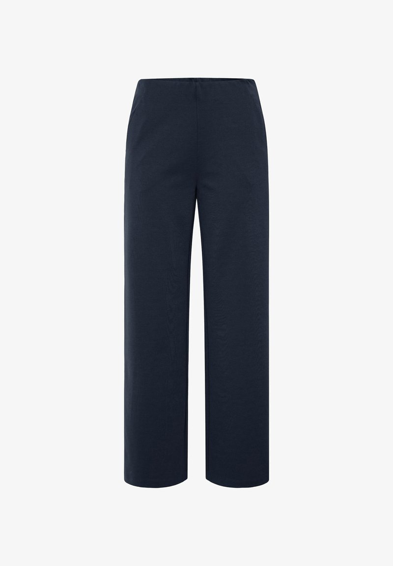 Pantalon bleu marine à coupe droite, taille élastique, sans poches ni ornements visibles.