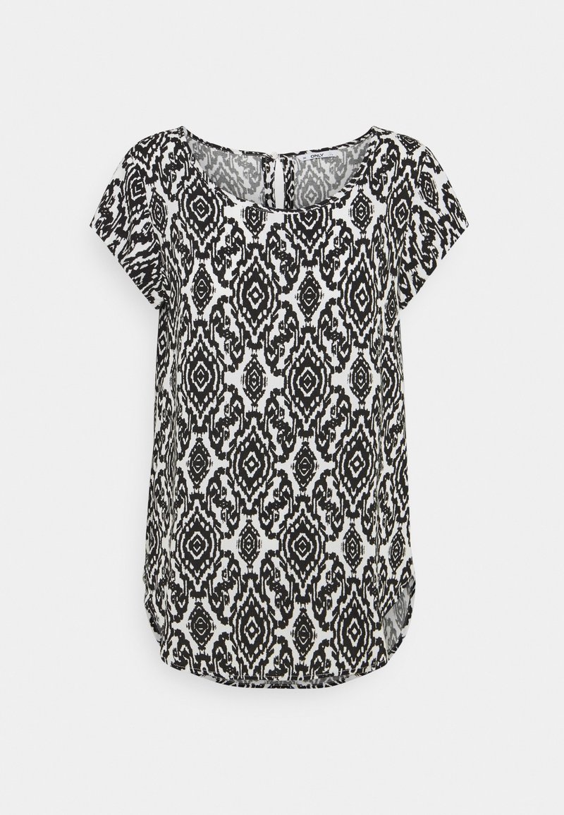 Blouse à manches courtes noire et blanche avec un col rond et un motif géométrique abstrait.