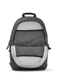 Schwarzer Rucksack mit grauem Innenfutter, ausgestattet mit einer Netz-Vordertasche, doppelten Reißverschlüssen und einem oberen Tragegriff. Glatte Stoffoberfläche.