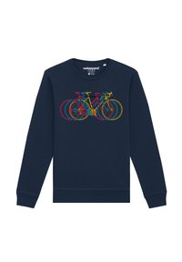 Marine sweatshirt met een kleurrafische afbeelding van vier fietsen in roze, geel, groen en blauw. Ronde hals en geribde manchetten.