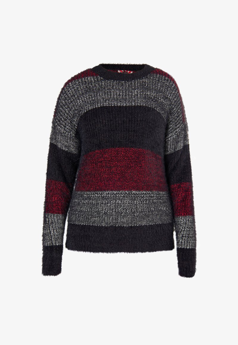 Sweter dzianinowy z poziomymi paskami w ciemnym granacie, burgundzie i szarości. Miękka, puszysta tekstura, okrągły dekolt i długie rękawy.