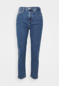 Dark blue denim jeans with a high waist, straight leg design, five pockets, and a button and zipper closure. Hem is slightly frayed.
