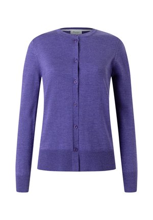 Paarse wol cardigan met lange mouwen, ronde halslijn en zes knopen aan de voorkant. Soepele textuur met geribbelde zoom en boorden.