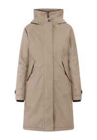 Beige trenchcoat met capuchon, rechte snit, twee zijzakken en een ritssluiting. De textuur lijkt glad met een matte afwerking.