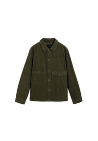 Chaqueta de pana verde oscuro con mangas largas, cierre de botones en la parte delantera, cuello y dos bolsillos frontales con solapa y botón a presión.