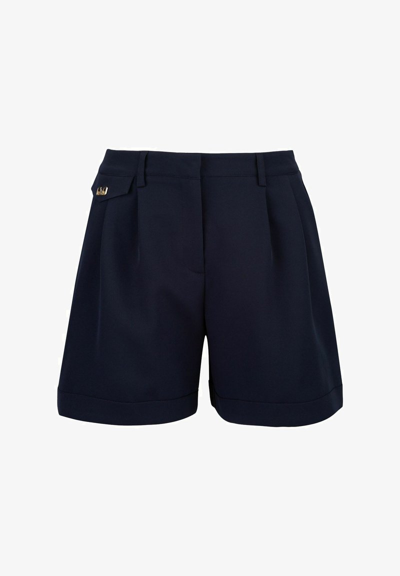 Marineblaue, taillierte Shorts mit Falten, umgeschlagenem Saum und Seitentasche mit goldfarbenem Akzent. Hergestellt aus einem glatten, gewebten Stoff.