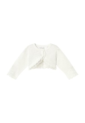 Cárdigan corto de punto blanco con mangas largas, que presenta bordes ondulados y delicados detalles de encaje a lo largo del dobladillo y los puños.