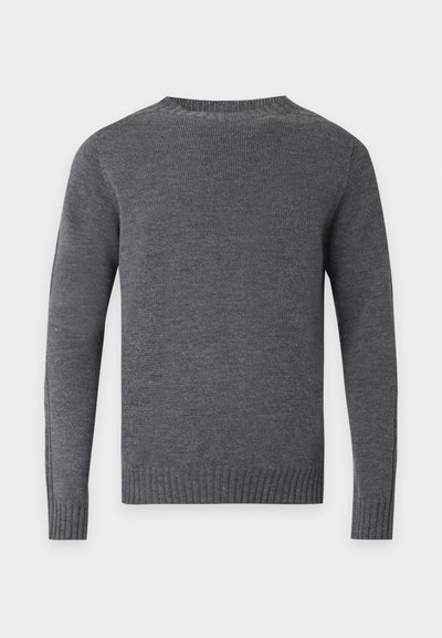 Pull en tricot uni gris foncé à manches longues avec poignets, ourlet et encolure côtelés, présenté de dos sur un fond clair.