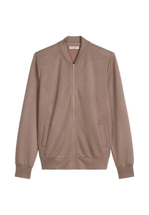 Giacca bomber marrone chiaro con zip, polsini, orlo e collo a costine, e due tasche frontali, mostrata su sfondo bianco.