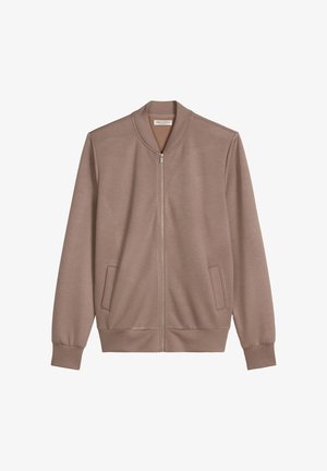 Giacca bomber marrone chiaro con zip, polsini, orlo e collo a costine, e due tasche frontali, mostrata su sfondo bianco.