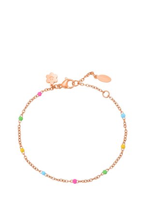 Zartes Armband aus roségoldener Kette mit kleinen mehrfarbigen Perlen und einem blumenförmigen Anhänger nahe dem Verschluss.