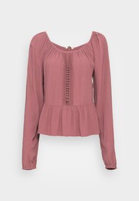 Blusa peplum de mangas longas em rosa poeirento, com tecido texturizado, decote quadrado e detalhes em renda ao longo do centro.