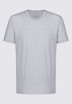 Grå kortærmet t-shirt lavet af blødt stof. Har en rund halsudskæring og et enkelt, udekoreret design med et let heather-mønster.