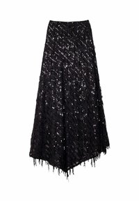 Falda negra con diseño texturizado con lentejuelas, dobladillo asimétrico y detalles de flecos a lo largo del borde inferior.