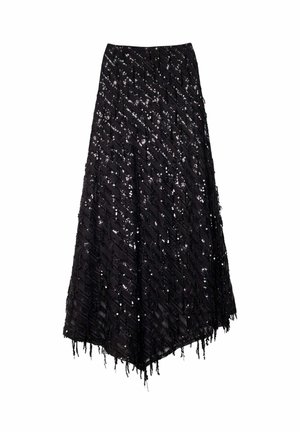 Falda negra con diseño texturizado con lentejuelas, dobladillo asimétrico y detalles de flecos a lo largo del borde inferior.