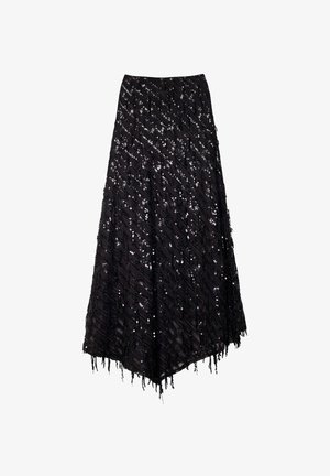 Falda negra con diseño texturizado con lentejuelas, dobladillo asimétrico y detalles de flecos a lo largo del borde inferior.