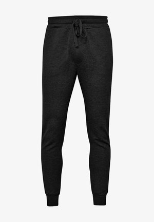 Schwarze Jogginghosen aus weichem Stoff mit einem Kordelzugbund, schmal zulaufenden Beinen und gerippten Bündchen für eine bequeme Passform.