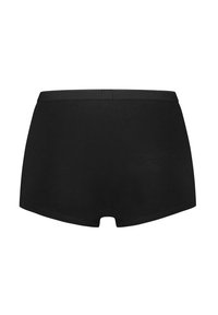 Sous-vêtements hipster en coton noir avec une texture lisse, taille mi-haute et un détail en découpe à l'arrière. Design simple et minimaliste.