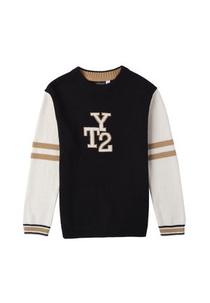 Maglione nero con maniche bianche, dettagli dorati e logo a maglia "Y2T". Presenta un collo rotondo e dettagli a righe sulle maniche.
