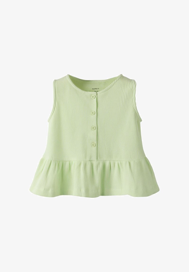 Mouwloos lichtgroen geribd peutertopje met ronde halslijn, voorste knoopsluiting en peplum zoom.