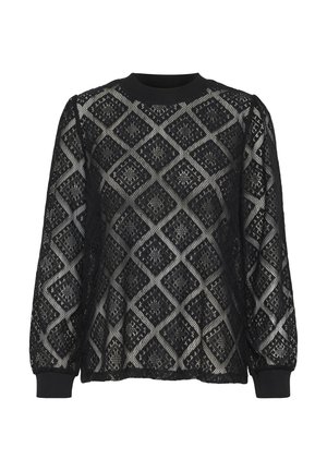 Črni čipkast top z diamanti in metalnimi poudarki, dolgimi rokavi ter črnim rebrastim ovratnikom in manšeti.