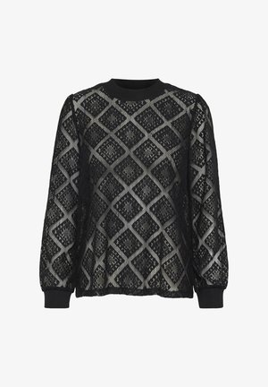 Črni čipkast top z diamanti in metalnimi poudarki, dolgimi rokavi ter črnim rebrastim ovratnikom in manšeti.