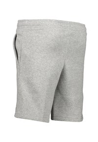 Grijze katoenen shorts met een elastische tailleband, zakken aan de zijkant en een rechte snit. Zachte textuur met een effen afwerking, zonder zichtbare patronen.