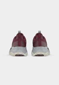 Un paio di scarpe da trail running color bordeaux con linguette grigie e suole grigio chiaro texturizzate, viste da dietro su uno sfondo bianco.