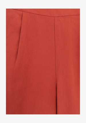 Rust-colored trousers made of a smooth, textured fabric feature sharp pleats and a clean waistband design. No visible hardware or accents.