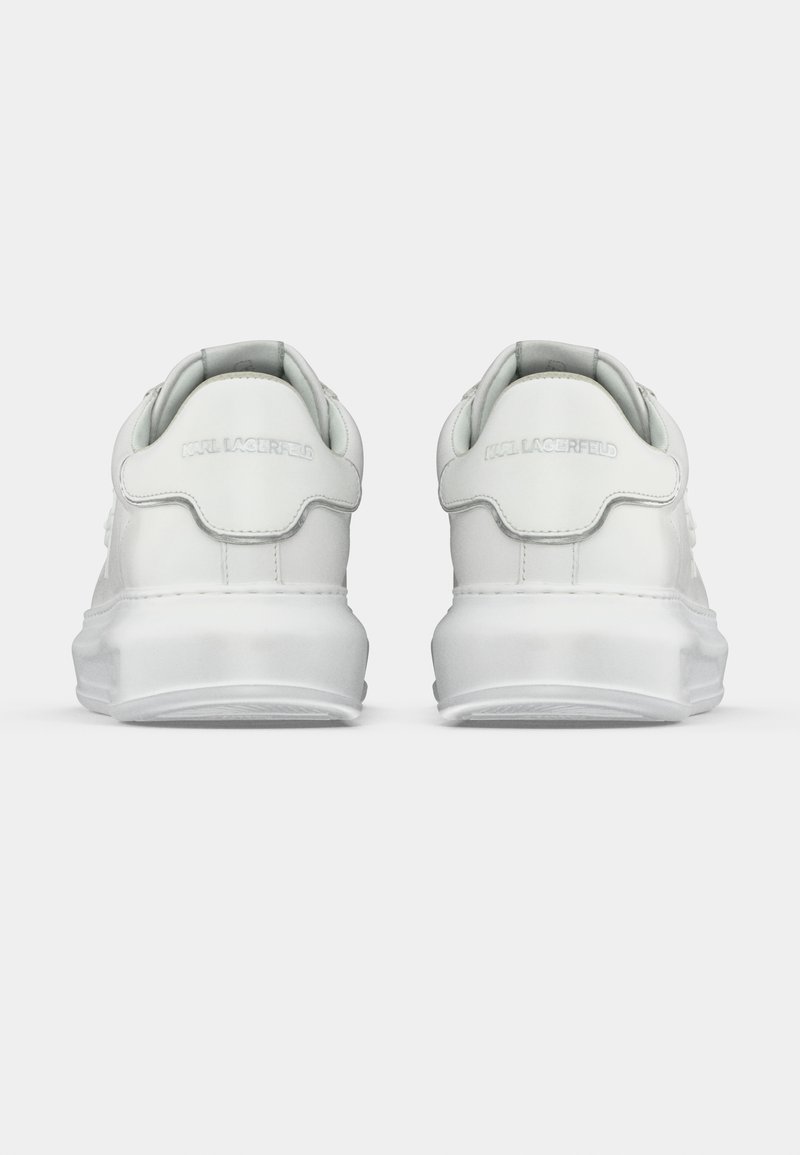 Paire de baskets blanches vues de dos avec "Karl Lagerfeld" embossé sur les languettes de talon et semelles blanches épaisses.