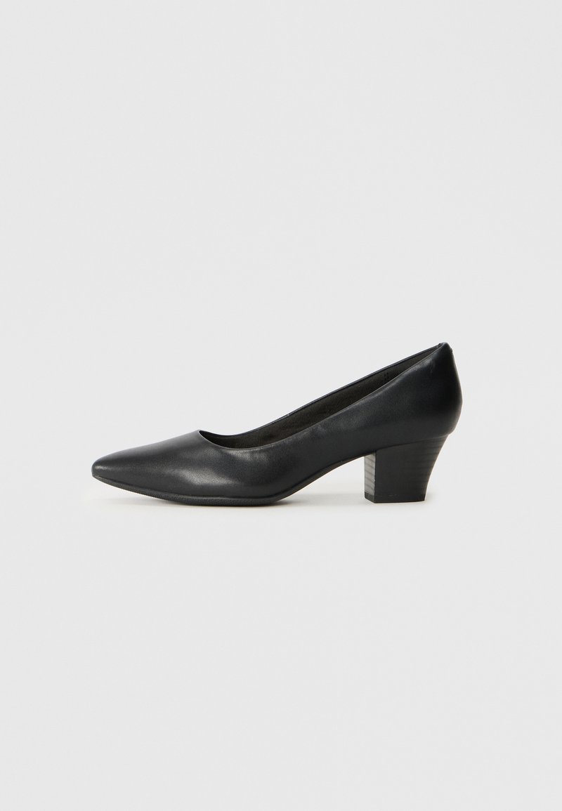 Chaussure à talons hauts en cuir noir avec un bout pointu et un talon bloc légèrement texturé. Surface lisse et design simple sans embellissements.