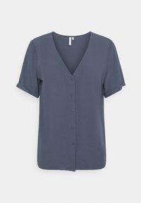 Blouse à manches courtes bleu marine en tissu lisse, avec un col en V, une patte de boutonnage et des poignets retroussés pour une coupe décontractée.
