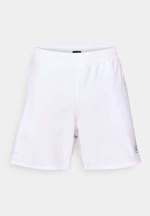 Shorts blancs avec une taille élastique, texture lisse et un détail de logo sur le bas à gauche. Design simple et sans ornement.