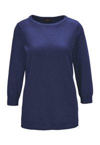 Dunkelblauer Pullover mit Rundhalsausschnitt, 3/4-Ärmeln und gerippten Bündchen, aus weichem Strickstoff gefertigt. Schlichtes Design, ohne Muster.