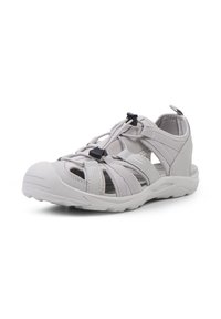 Ljusgrå sandal med en hållbar gummisulor, elastiska remmar över foten, en rund tåhätta och en dragflik vid hälen för enkel påtagning.