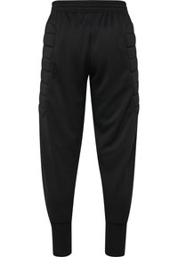 Zwarte sportieve joggers met een gestructureerd ribbelontwerp aan de zijkanten, elastische tailleband en aansluitende boorden bij de enkels.