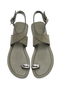 Zielone zamszowe sandały z krzyżującymi się paskami, regulowanym zapięciem na kostce i srebrnymi akcentami na palcach, z płaską podeszwą i przeszytymi krawędziami.