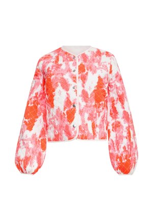 Quilted jacket in bright red and white abstract pattern, featuring a rounded neckline, long puff sleeves, and snap-button closure.